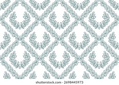 Diamond pattern with holly leaves branch seamless pattern and wreaths on white background. Winter holidays outline repeat background for wrapping paper, packaging, festive designs