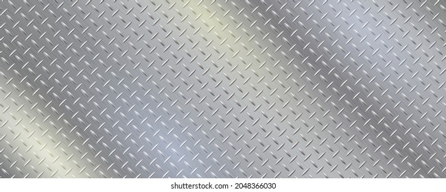 Diamond pattern metal plate. Texture with reflective stainless steel. Gray iron gradient vector illustration.