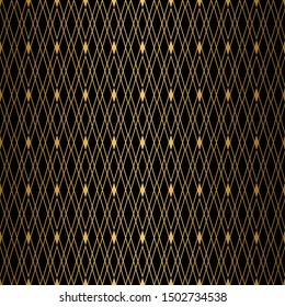 Diamond pattern motif. Seamless gold and black background. Elegant golden lines. Luxury lattice design