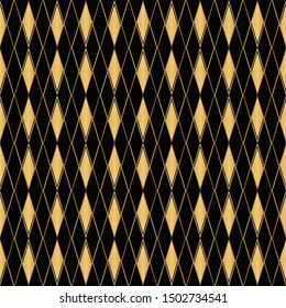 Diamond pattern motif. Seamless gold and black background. Elegant golden lines. Luxury lattice design