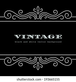 Diamond pattern on black, vintage frame, wavy swirls, vector background