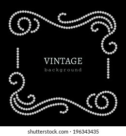 Diamond pattern on black, vintage frame, wavy swirls, vector background