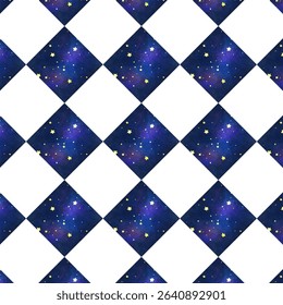 Diamond pattern with a purple galaxy background and tiny stars, combined with clean white space.