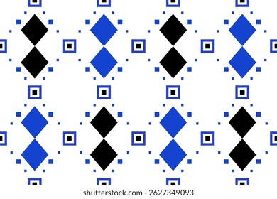 Padrão de diamante sem emenda de azul, branco e preto. Resumo geométrico. Conceito de pixel art, étnico, clássico, moderno, motivos para embrulhar, têxtil, vestuário, impressão, decoração, papel de parede.