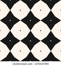 Diamond pattern. Vector abstract checkered seamless texture. Black and white geometric ornament with big and small rhombuses, flower silhouettes, stars, grid, repeat tiles. Minimal monochrome design