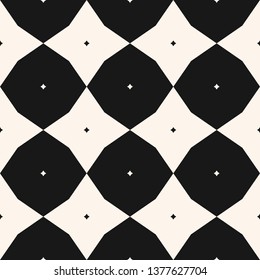 Diamond pattern. Vector abstract checkered seamless texture. Black and white geometric ornament with big and small rhombuses, flower silhouettes, stars, grid, repeat tiles. Minimal background design