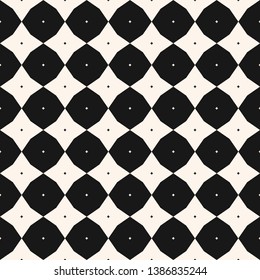 Diamond pattern. Vector abstract checkered seamless texture. Black and white geometric ornament with small rhombuses, flower silhouettes, stars, grid, repeat tiles. Minimal monochrome graphic design
