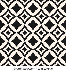 Diamond pattern. Vector abstract floral seamless texture. Black and white geometric ornament with rhombuses, flower silhouettes, stars, grid, net, repeat tiles. Stylish monochrome graphic design