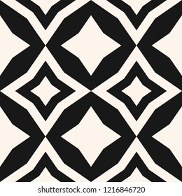 Diamond pattern. Vector abstract seamless texture. Black and white geometric ornament with rhombuses, floral silhouettes, stars, square grid, net, tiles. Monochrome repeatable graphic background 