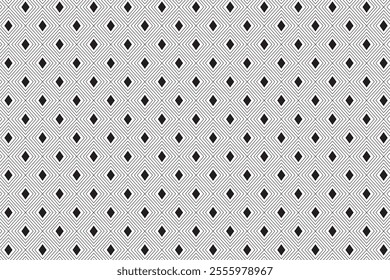 Diamond Patterns. Black rhombuses tessellation on white background. Seamless surface pattern design with diamonds ornament. Checkered wallpaper. Mosaic motif. Digital paper for textile print.