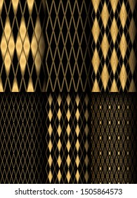 Diamond patterns set. Seamless gold and black backgrounds. Elegant golden lines. Luxury lattice designs