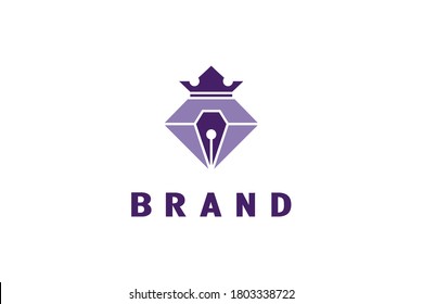Diamond Pen Logo, King of high level writing. Diamond with a pen tip element and a crown, Elegant and luxurious modern logo.