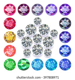 Diamond pentagon brooch encased in a squared frame of precious stones isolated on white background, vector illustration