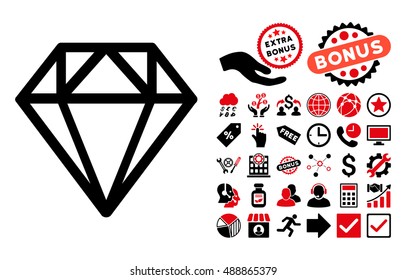 Diamond pictograph with bonus elements. Vector illustration style is flat iconic bicolor symbols, intensive red and black colors, white background.