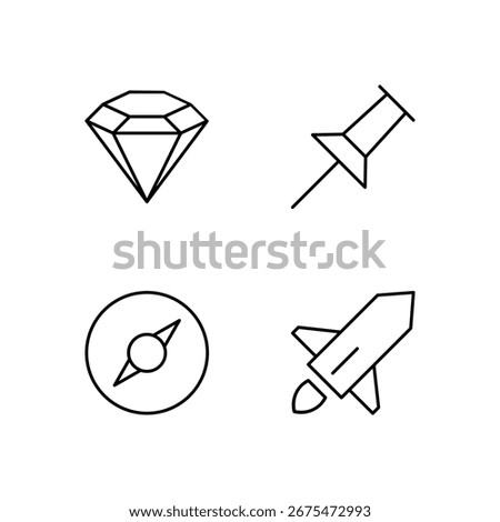 Diamond Pin Compass and Rocket Icon Set for Navigation and Object Tools