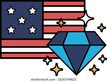 A diamond is placed on top of an American flag. The diamond is surrounded by stars and the flag is red, white, and blue