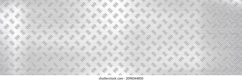 Diamond plate background. Wide metal texture. Silver industrial material. Shiny iron construction. Realistic steel sheet. Heavy metal panel. Vector illustration.