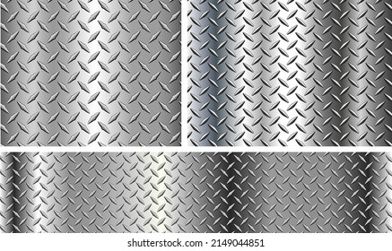 Diamond plate metallic pattern on silver gradient,  industrial shiny metal textures vector chrome backgrounds set.