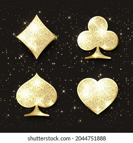 Diamond poker cards suit. Four casino playing card golden glitter symbols. Design element. Vector illustration 