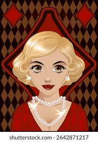 Diamond poker girl , art deco card, vector illustration