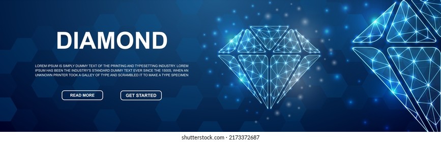 Diamond Polygonal Horizontal Banner. Brilliant Low Poly Symbol For Head Promotion Banner. Jewelry Design Template Illustration Concept.