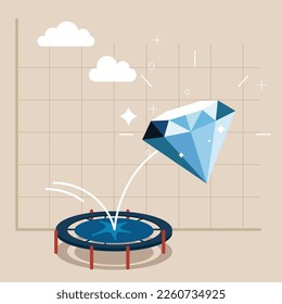 Diamond price rebound, back to rising up after falling down concept, diamond bounce back on the trampoline rising up on price graph. Modern vector illustration in flat style 