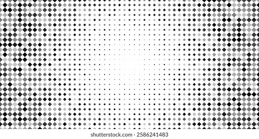 Diamond primitive pattern. Cyber matrix optical pixel pattern. Square dot gradient background. Geo disperse bubble fade. Digital vector halftone geometric gradient. Rhombus fade vintage change patern