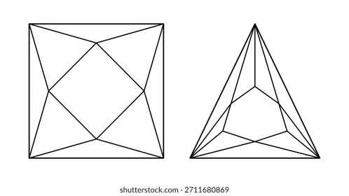 Diamant in Prinzessin, Trillion Schnittform. Edelstein Umriss flaches Symbol für Schmuck-Design, Branding, Verpackung, minimalistischen Logotyp. Satz von Brilliant Trillion dreieckigen, Prinzessin quadratischen Schnittvorlagen.