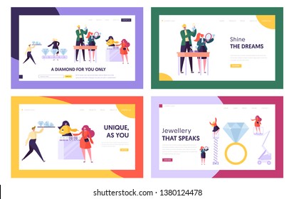 Diamond Producing and Selling in Jewelry Shop Website Landing Page Templates Set, Seller Offer Bijou to Customer, Woman Character Choose Luxury Ring, Web Page Cartoon Flat Vector Illustration, Banner