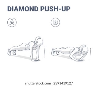 Diamond Push-Ups Exercise Black and Wite Guide. Outlined Concept of Girl Working at Home on Her Triceps - a Young Woman in Sportswear Doing Diamond Pushups in Two Stages.