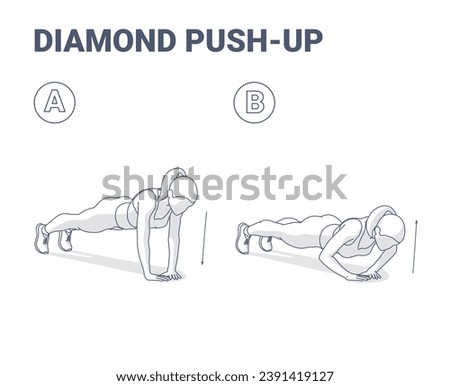 Diamond Push-Ups Exercise Black and Wite Guide. Outlined Concept of Girl Working at Home on Her Triceps - a Young Woman in Sportswear Doing Diamond Pushups in Two Stages.
