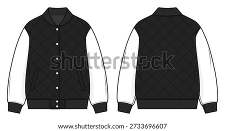 Diamond Quilted Varsity Bomber Jacket Technical Fashion Illustration. Contrast Sleeve Streetwear Outerwear. Front and Back View. CAD Vector Mockup.
