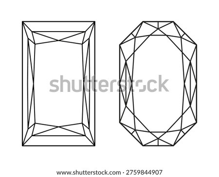 Diamond Radiant, Princess cut shapes. Brilliant Phoenix Radiant, Princess cut pattern. Top view on Polygonal, Rectangular Diamond set. Gemstone icon for jewellery design, branding, packaging, logotype