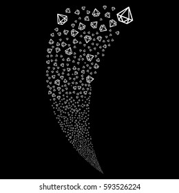 Diamond random fireworks stream. Vector illustration style is flat white iconic symbols on a black background. Object fountain combined from scattered symbols.
