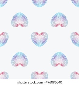Diamond realistic heart pattern. White background with polygonal brilliant in flat style. Colored texture print for child, textile, shirt, clothes, banner, website, greeting card. Vector illustration.