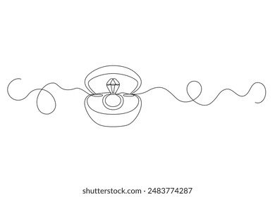 Diamond ring in box, engagement, wedding, is drawing as continuous line in minimalism. Editable vector contour