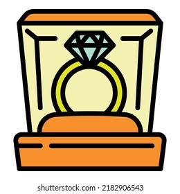 Vector de contorno de icono del cuadro de anillo de diamante. Regalo de oro. Regalo de joyas