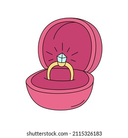 Un anillo de diamantes en un estuche. Un símbolo de una propuesta de matrimonio. Ilustración vectorial al estilo de las caricaturas aisladas en un fondo blanco. Ceremonia de compromiso