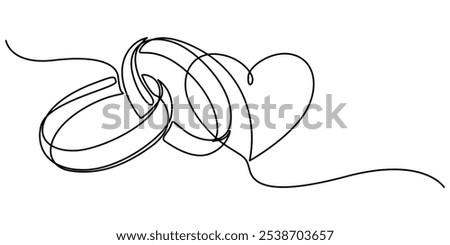 Diamond Ring Continuous Line Art Illustration, Wedding rings icon, Heart Shaped Diamond Ring, Wedding Line Icon, Ring design, Two wedding bands, close up, Wedding Ring Continuous Line Icon