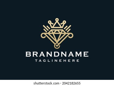 Diamantring-Krone mit Logo-Design-Vektorgrafik von Letter V auf dunklem Hintergrund. 