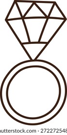Anel de diamante com gema facetada e banda redonda desenhada em linhas de contorno limpo. Símbolo de amor, proposta, casamento, luxo e compromisso. Ilustração de vetor de desenhos animados.