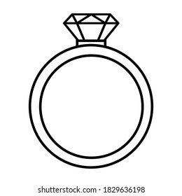 Diamond ring with a gem icon. Outline Vector illustration isolated on white background. Coloring book page for children.