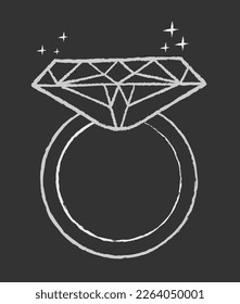 Diamond ring hand drawn in chalk with sparks on a blackboard vector white icon isolated on a black background.