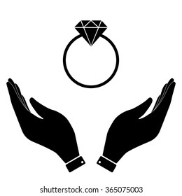 Diamond ring in hand icon, care symbol vector illustration. Flat design style