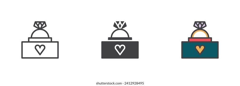 Anillo de diamante con el conjunto de iconos de estilo diferente del corazón. Línea, glifo y contorno relleno versión colorida, contorno y signo vectorial relleno. Símbolo, ilustración del logotipo. Gráficos vectoriales