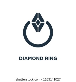 Diamond ring icon. Black filled vector illustration. Diamond ring symbol on white background. Can be used in web and mobile.