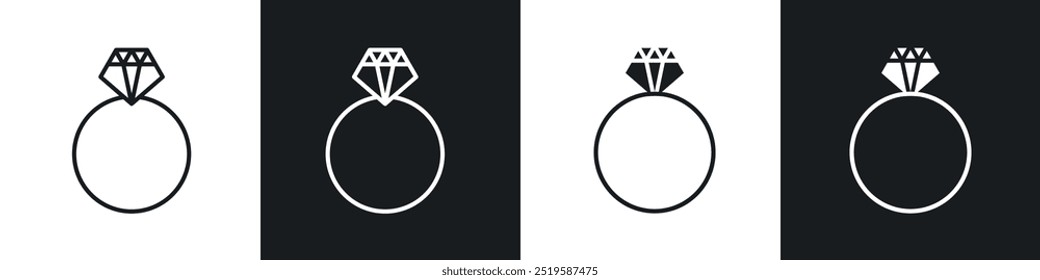 Diamond ring icon collection in black and white filled and stroke line style.