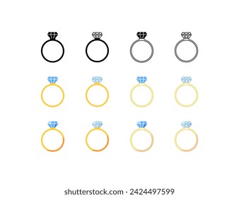 Colección de iconos de anillo de diamantes. Anillo de boda. Silueta y estilo plano. Iconos vectoriales