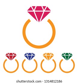 Diamond ring icon, color isolated on white background, ruby, emerald, amber, pink and blue diamond, vector illustration.