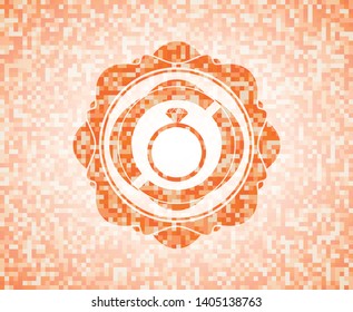diamond ring icon inside abstract orange mosaic emblem